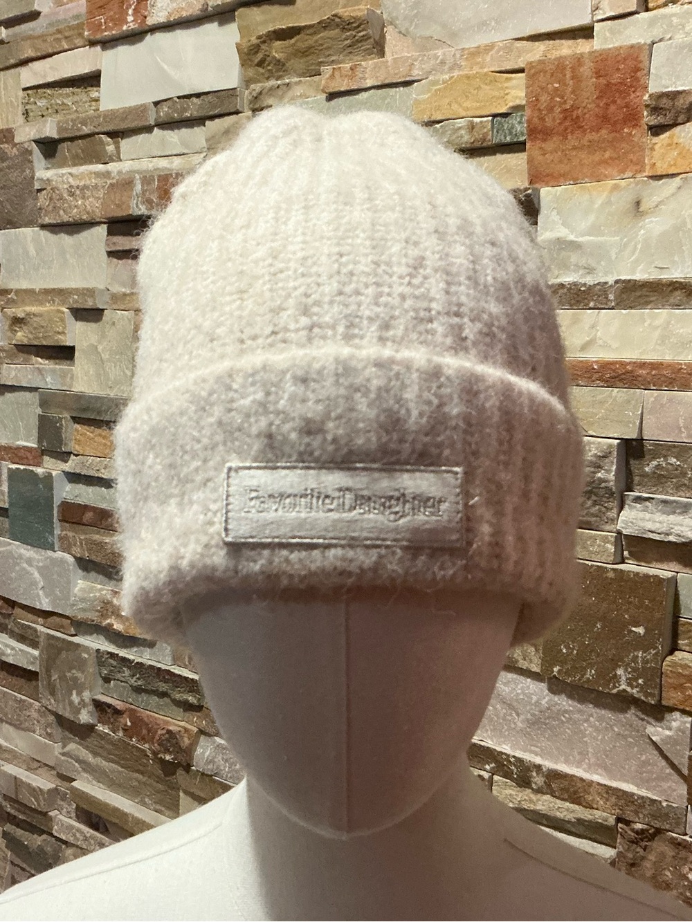 Favorite Daughter Cream Ribbed Knit Beanie Hat Patch Logo